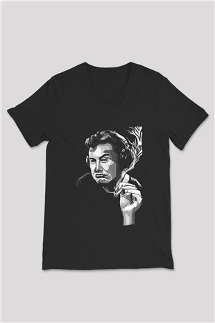 Elon Musk Baskılı Unisex Siyah V Yaka Tişört - Tshirt
