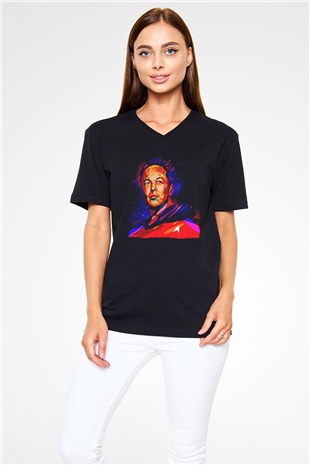 Elon Musk Baskılı Unisex Siyah V Yaka Tişört - Tshirt