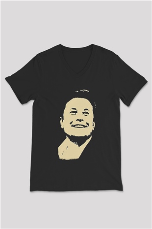 Elon Musk Baskılı Unisex Siyah V Yaka Tişört - Tshirt
