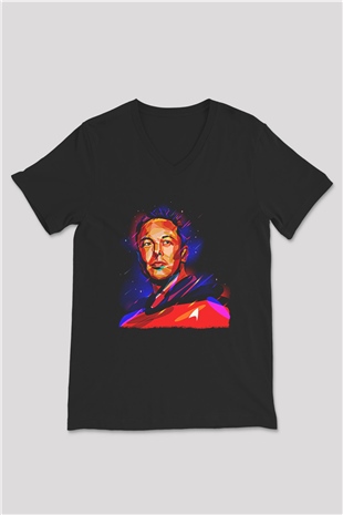 Elon Musk Baskılı Unisex Siyah V Yaka Tişört - Tshirt