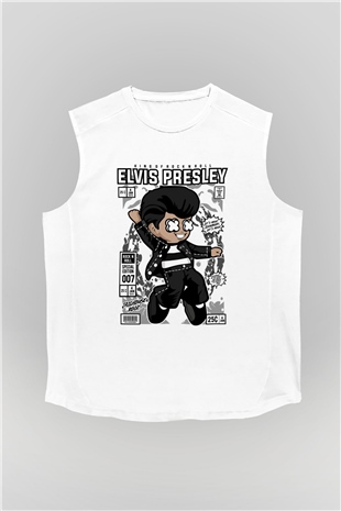 Elvis Presley Baskılı Unisex Beyaz Kolsuz Tişört