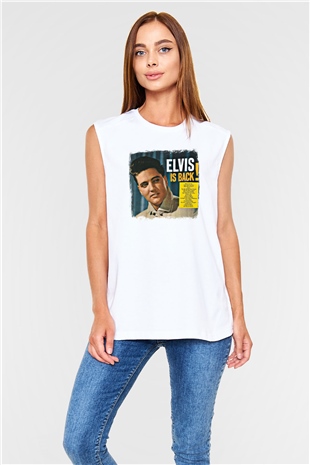 Elvis Presley Baskılı Unisex Beyaz Kolsuz Tişört