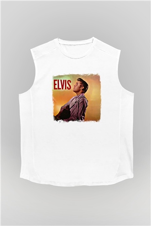 Elvis Presley Baskılı Unisex Beyaz Kolsuz Tişört