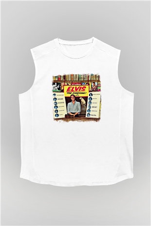 Elvis Presley Baskılı Unisex Beyaz Kolsuz Tişört
