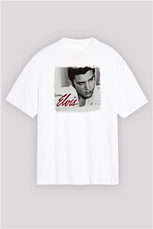 Elvis Presley Baskılı Unisex Beyaz Oversize Tişört