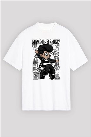 Elvis Presley Baskılı Unisex Beyaz Oversize Tişört