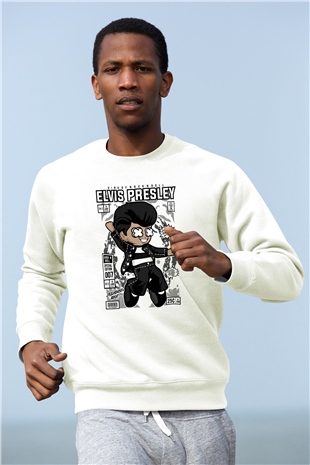 Elvis Presley Baskılı Unisex Beyaz Sweatshirt