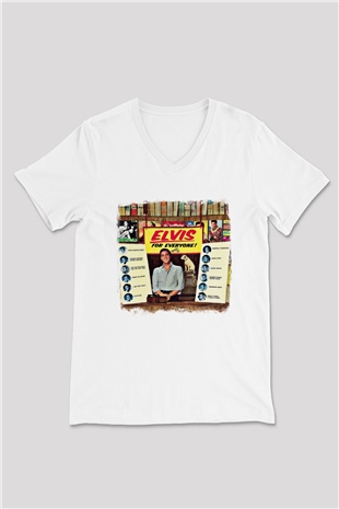 Elvis Presley Baskılı Unisex Beyaz V Yaka Tişört
