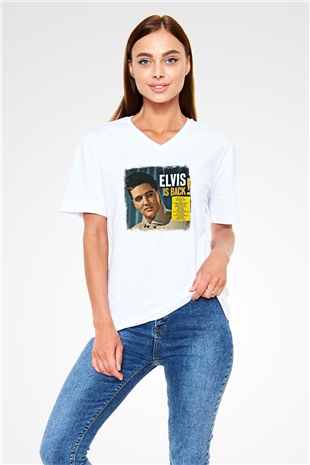 Elvis Presley Baskılı Unisex Beyaz V Yaka Tişört
