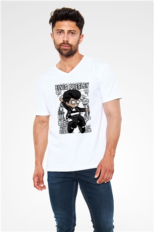 Elvis Presley Baskılı Unisex Beyaz V Yaka Tişört