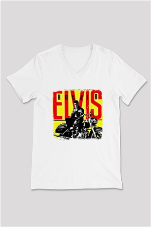 Elvis Presley Baskılı Unisex Beyaz V Yaka Tişört