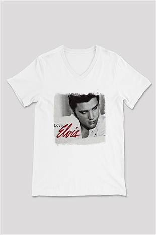 Elvis Presley Baskılı Unisex Beyaz V Yaka Tişört