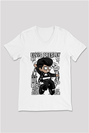 Elvis Presley Baskılı Unisex Beyaz V Yaka Tişört