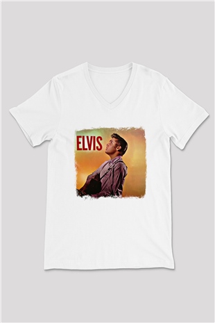 Elvis Presley Baskılı Unisex Beyaz V Yaka Tişört
