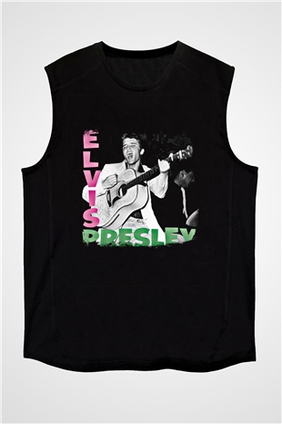 Elvis Presley Baskılı Unisex Siyah Kolsuz Tişört