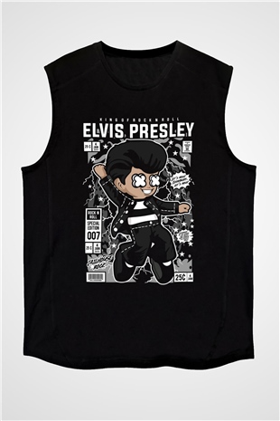 Elvis Presley Baskılı Unisex Siyah Kolsuz Tişört