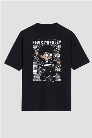 Elvis Presley Baskılı Unisex Siyah Oversize Tişört