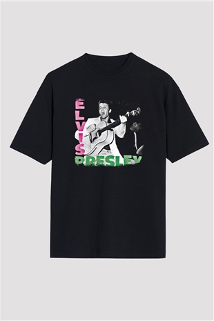 Elvis Presley Baskılı Unisex Siyah Oversize Tişört