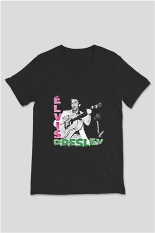 Elvis Presley Baskılı Unisex Siyah V Yaka Tişört