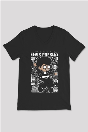 Elvis Presley Baskılı Unisex Siyah V Yaka Tişört