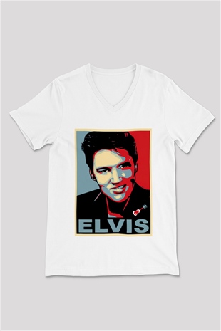 Elvis Presley Beyaz Unisex V Yaka Tişört T-Shirt