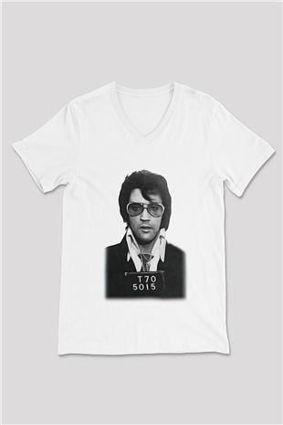 Elvis Presley Beyaz Unisex V Yaka Tişört T-Shirt