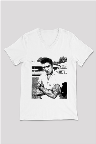 Elvis Presley Beyaz Unisex V Yaka Tişört T-Shirt
