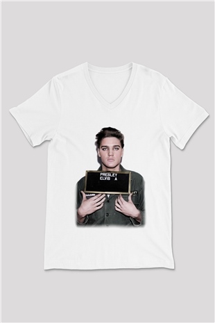 Elvis Presley Beyaz Unisex V Yaka Tişört T-Shirt