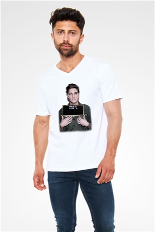 Elvis Presley Beyaz Unisex V Yaka Tişört T-Shirt