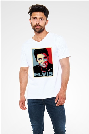 Elvis Presley Beyaz Unisex V Yaka Tişört T-Shirt