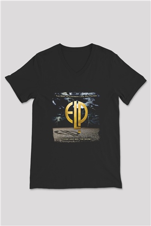 Emerson,Lake and Palmer Baskılı Unisex Siyah V Yaka Tişört