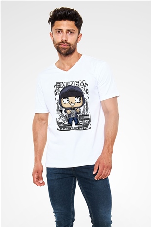 Eminem 8 Mile Baskılı Unisex Beyaz V Yaka Tişört