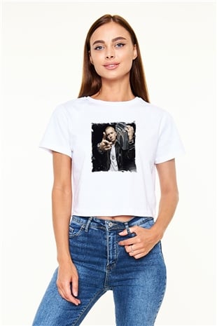 Eminem Baskılı Beyaz Kadın Crop Top Tişört