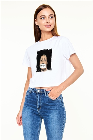 Eminem Baskılı Beyaz Kadın Crop Top Tişört