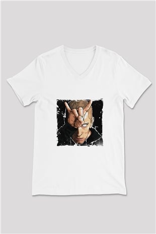 Eminem Baskılı Beyaz V Yaka Unisex Tişört