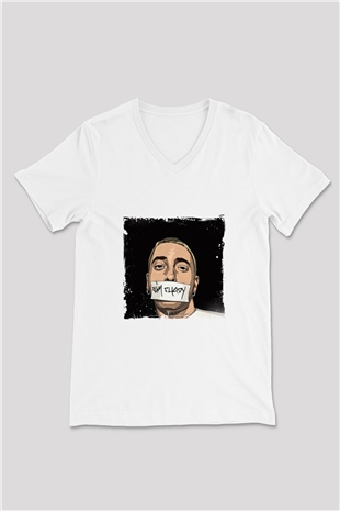 Eminem Baskılı Beyaz V Yaka Unisex Tişört