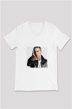 Eminem Baskılı Beyaz V Yaka Unisex Tişört