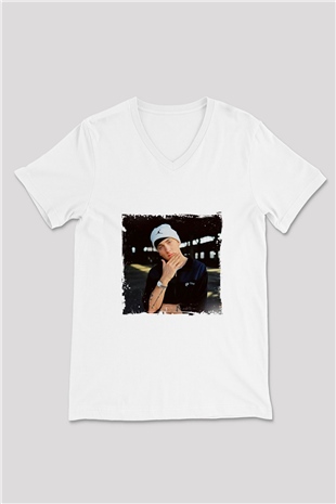 Eminem Baskılı Beyaz V Yaka Unisex Tişört