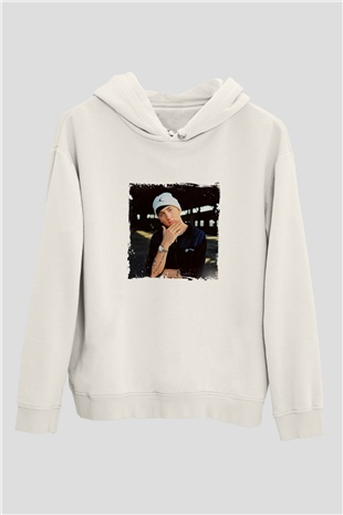 Eminem Baskılı Unisex Beyaz Kapüşonlu Sweatshirt