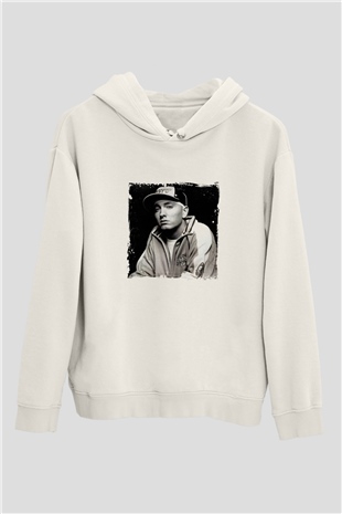 Eminem Baskılı Unisex Beyaz Kapüşonlu Sweatshirt