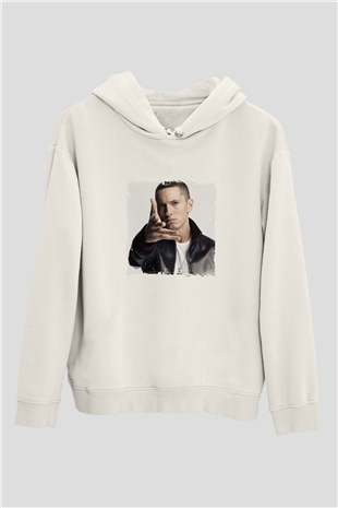 Eminem Baskılı Unisex Beyaz Kapüşonlu Sweatshirt