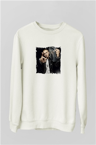 Eminem Baskılı Unisex Beyaz Sweatshirt