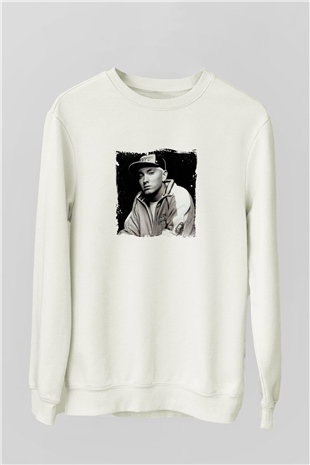 Eminem Baskılı Unisex Beyaz Sweatshirt