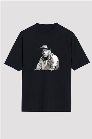 Eminem Baskılı Unisex Oversize Siyah Tişört