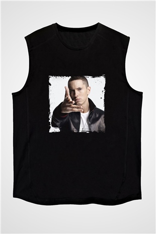 Eminem Baskılı Unisex Siyah Kolsuz Tişört