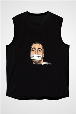 Eminem Baskılı Unisex Siyah Kolsuz Tişört