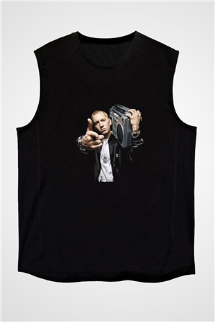 Eminem Baskılı Unisex Siyah Kolsuz Tişört