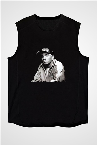 Eminem Baskılı Unisex Siyah Kolsuz Tişört