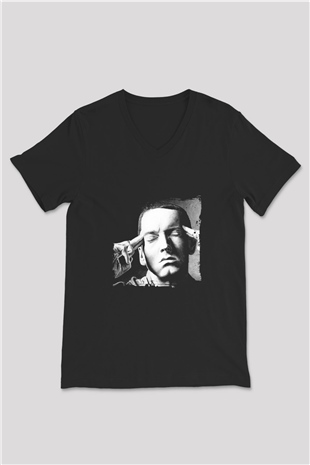 Eminem Baskılı Unisex Siyah V Yaka Tişört