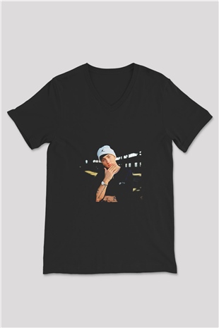 Eminem Baskılı Unisex Siyah V Yaka Tişört